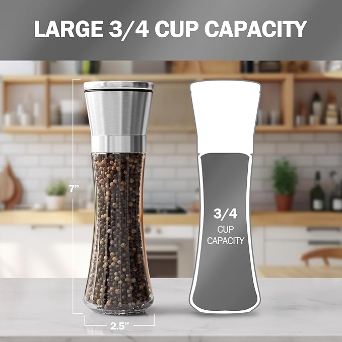 Premium Stainless Steel Sea Salt and Pepper Grinder Set of 2 - Adjustable Ceramic - Tall Glass Salt and Pepper Shakers - Kitchen Spice Mill W/Funnel & EBook