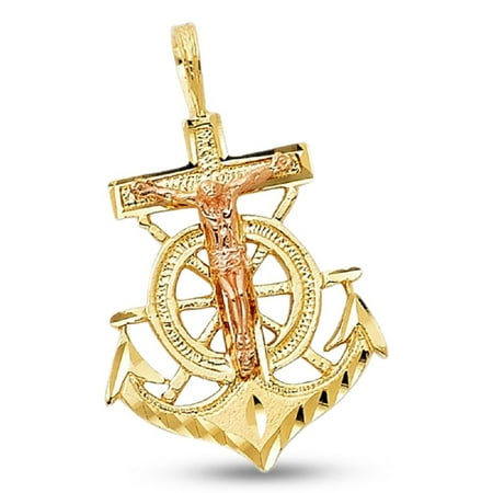 14k Gold Mariners Cross - Jesus Anchor Crucifix Pendant 14k Yellow Rose Gold Solid Mariner Cross Charm Two Tone 23 x 18 mm