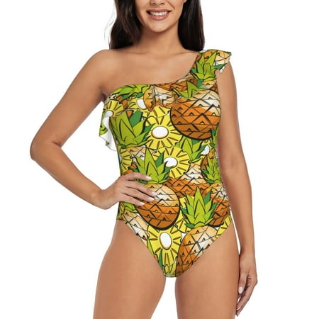 Tebeau Tropical Summer Fruit Print Women s One Piece Swimsuits One Shoulder Swimwear Asymmetric Ruffle Monokinis Bathing Suits-Medium