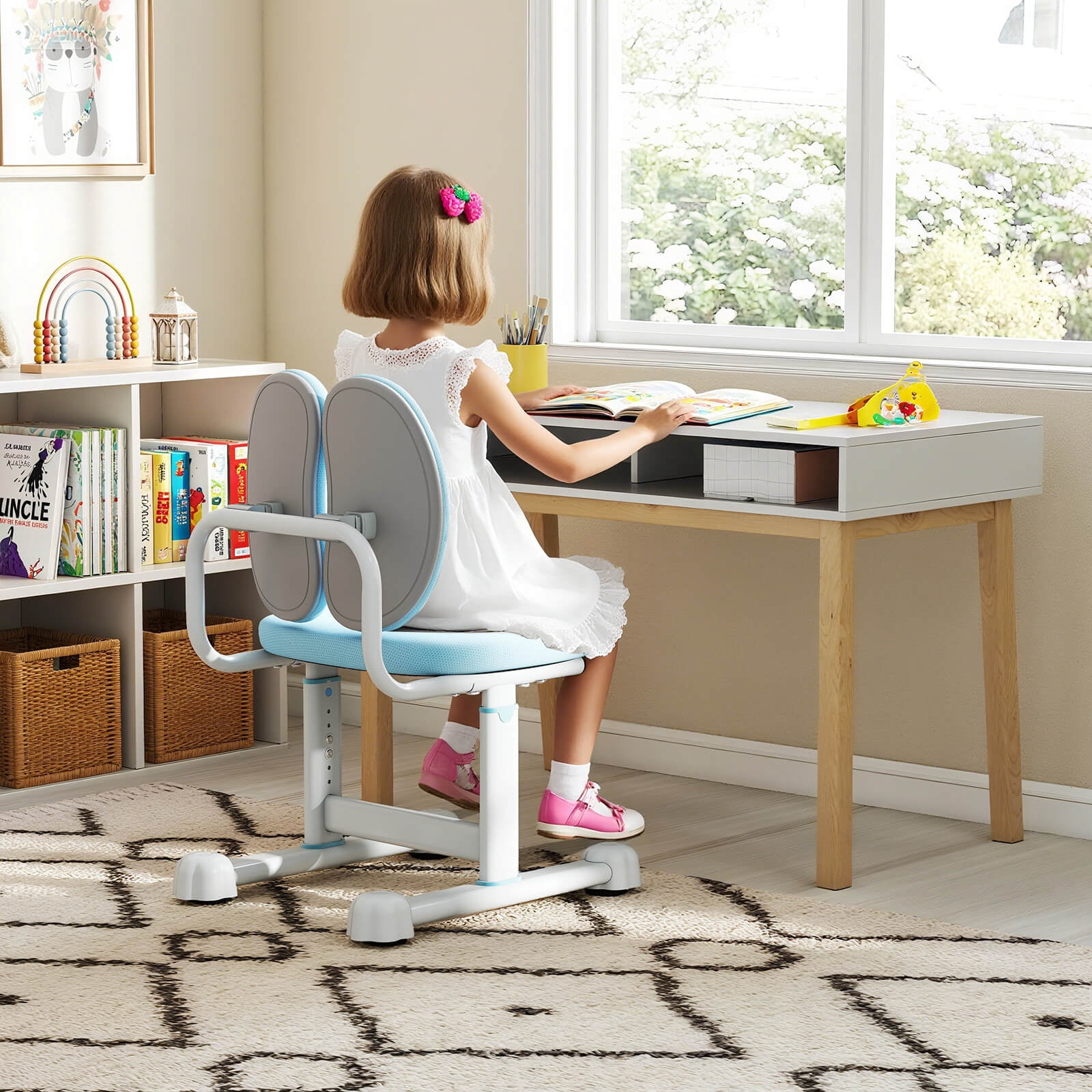 Costway Kids Desk Chair with Double Back Support Adjustable Height Upholstered Computer Chair Blue