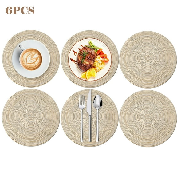 Table Placemats,Round Braided Placemats Set of 6 Non Slip Heat Resistant Cotton Polyester Table Mats Washable Place Mats for Dinner Party Table Decoration (Beige, 11.81 inch)