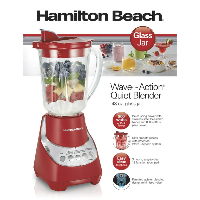 Hamilton Beach Quiet Blender, 48 oz Glass Jar, 12 Functions, Red