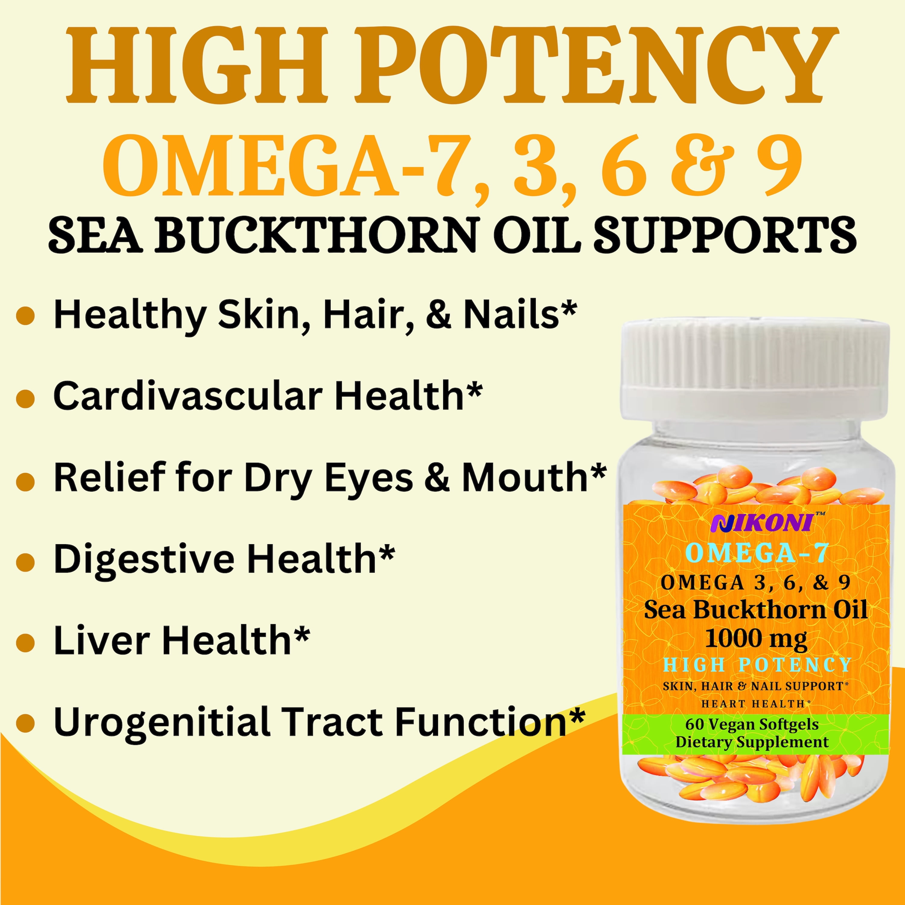 Nikoni Organic Sea Buckthorn Oil Omega-7 Antioxidant Support Vegan Softgels 240 Count
