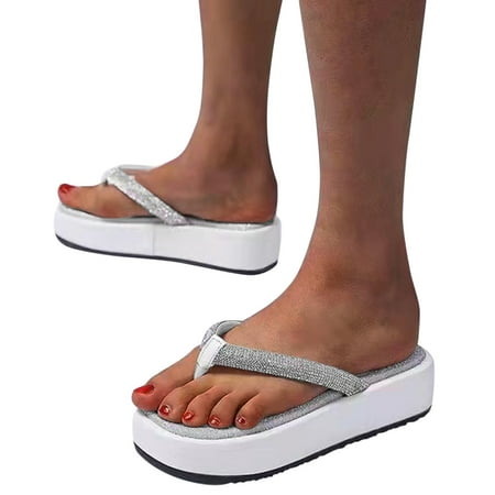 

Cathalem Women s Tow Glossy Rhinestone Toe Platform Flip-Flops Fashion Beach Round Women s Memory Foam Flip Flop for Women White 8.5