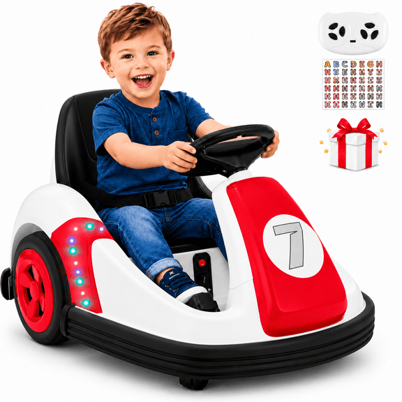 Neche 12V Electric Bumper Car for Toddlers, 2.2 mph Ride On Toy with Remote Control, 360° Spin, Bluetooth Music, LED Lights, DIY Stickers, Red
