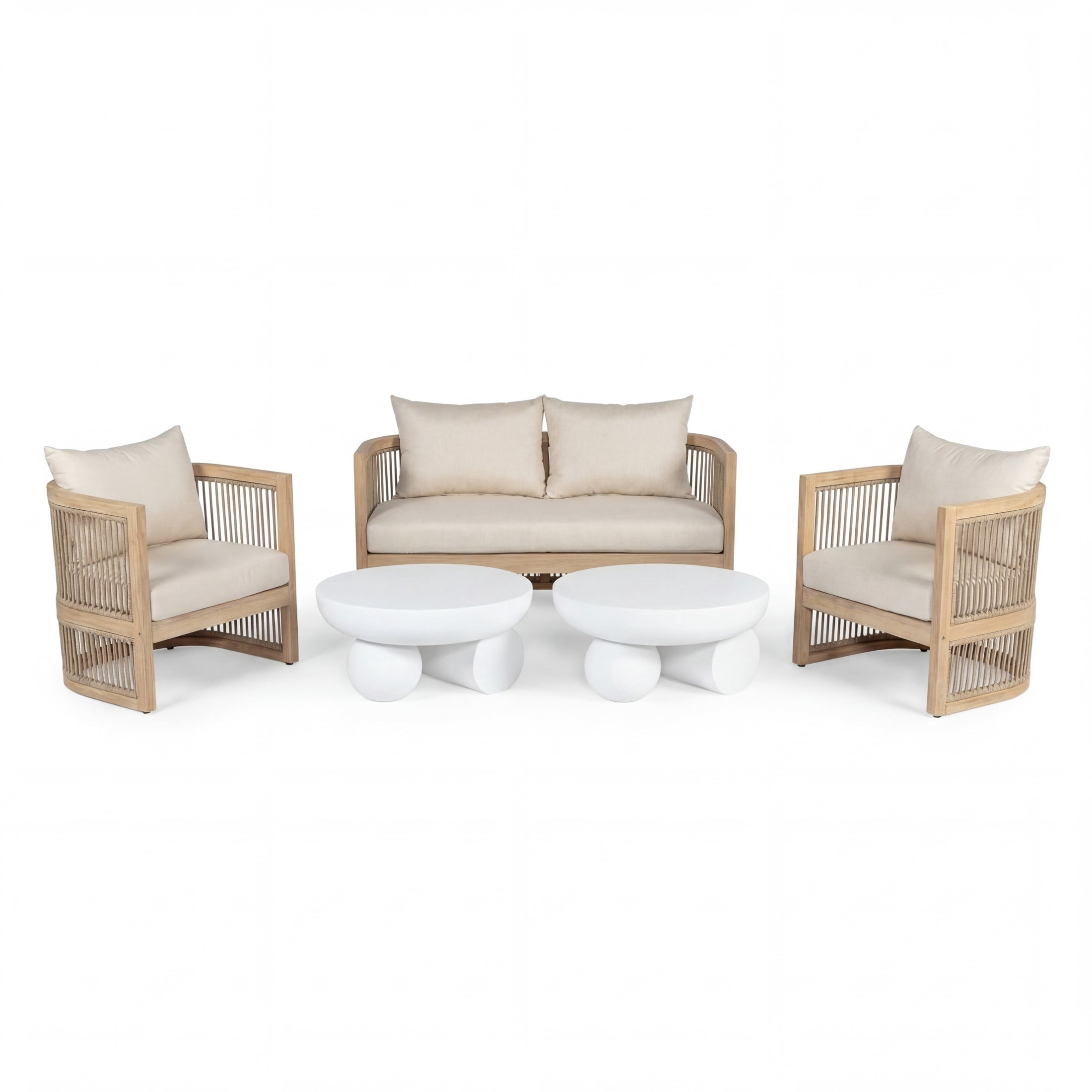 Christopher Knight Home 5-Piece Outdoor Light Teak Conversation Set with White Coffee Tables, Beige Cushion