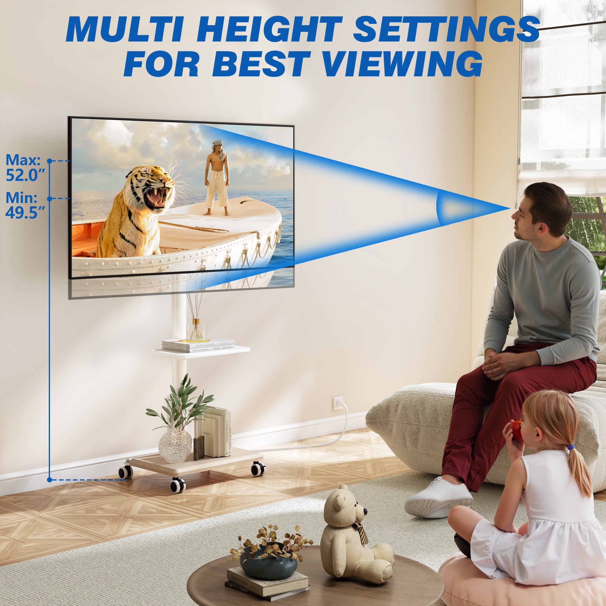 RTVR Mobile TV Stand with Wheels for Home Decor, with Power Outlet Heavy Duty TV Stand Wheels for 32-60 Inch TVs, White