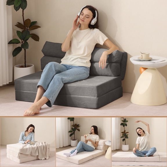 Folding Sofa Bed, Convertible Sleeper Chair with Pilow Foldable Matress, 2 in 1 Pull Out Loveseat Sofa Portable Fold Out Chair Bed Floor Couch Lounge for Living Room Bedroom (Gray, Full)