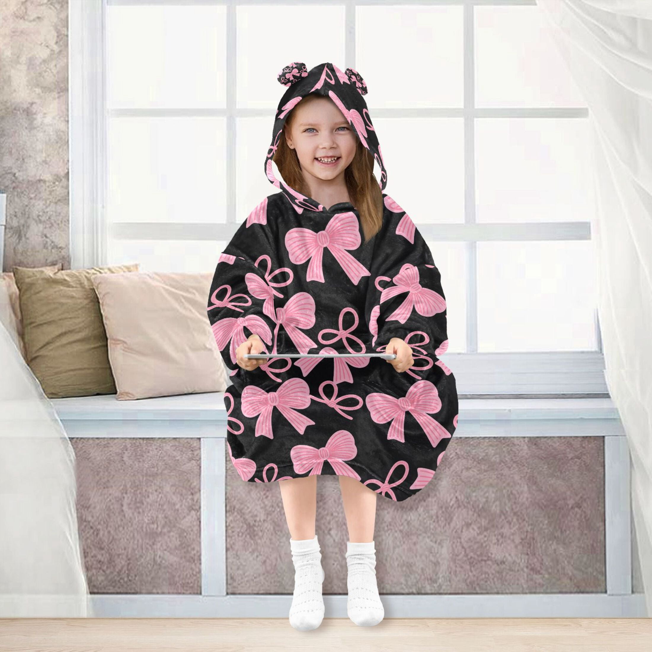 joogoo Wearable Blanket Hoodie for Pink Bows Flannel Sherpa Pocket 3-14 YR S