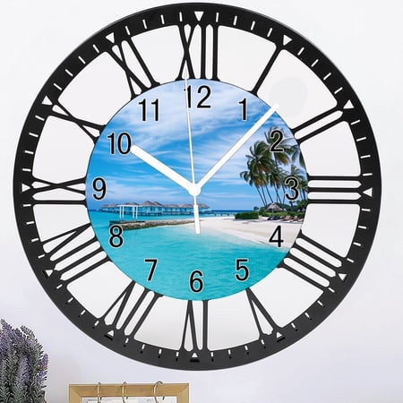 Wrought Iron Blue Beach Wall Clock 10 Inch Silent Wall Clocks Battery Operated Coastal Nautical Round Iron Clock Decorative for Bathroom Kitchen Living Room Style 10×10inch(25×25cm)