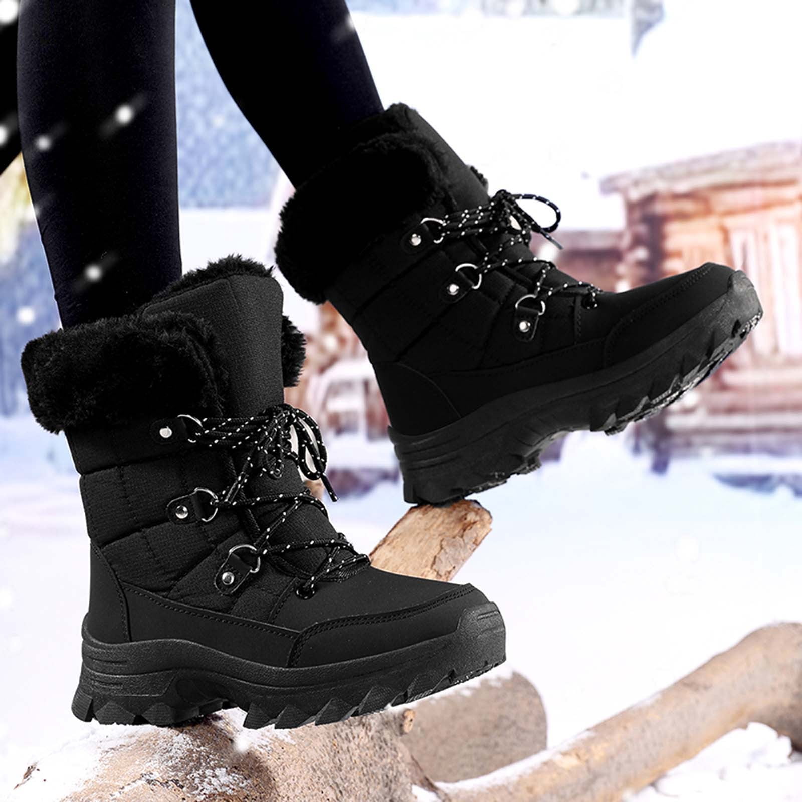 Gyexs Womens Winter Snow Boots Waterproof Shoes Walking Comfortable Hiking Tennis Booties Furry Mid Calf Warm Lightweight Sports Shoes, Black, Size 9