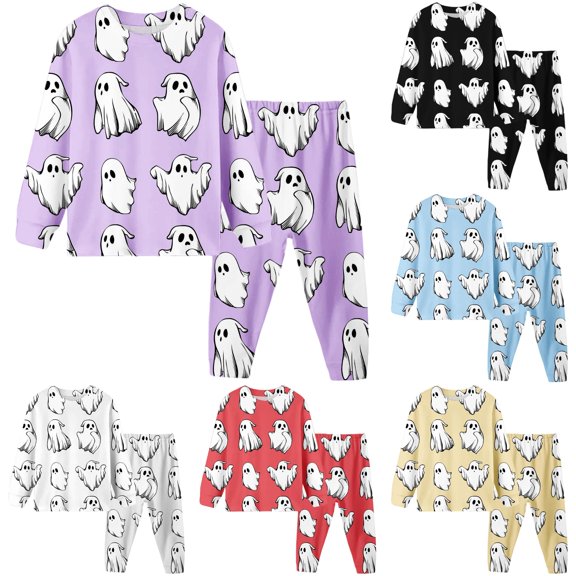 REDARER Crew Neck Long Sleeve 2 Piece Kids Pajama Set Classic Cartoon Ghost Print Soft Comfort Sleep Loungewear for Halloween Trick or Treat Fall Daily Home Casual Outfit,6Y