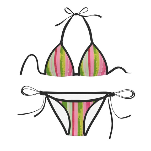 Women Two Piece Swimsuit Sexy Swimwear Halter String Triangle Bikini Sets - Pink And Green Stripes (2)