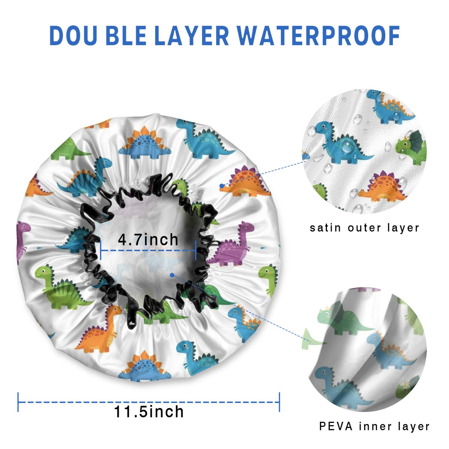 Shower Caps,White Dinosaurs Pattern Waterproof Shower Cap for Women 4 Pieces,Double Reusable Hair Cover for Shower PEVA Elastic Stretch Hem