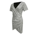 thumbnail image 4 of Baberdicy Robe Femme Femme Col en V Manches Courtes Scintillante à Paillettes Ajustée Élégante Robe de Soirée Moulante Midi Robe Débardeur Gris G2, 4 of 9