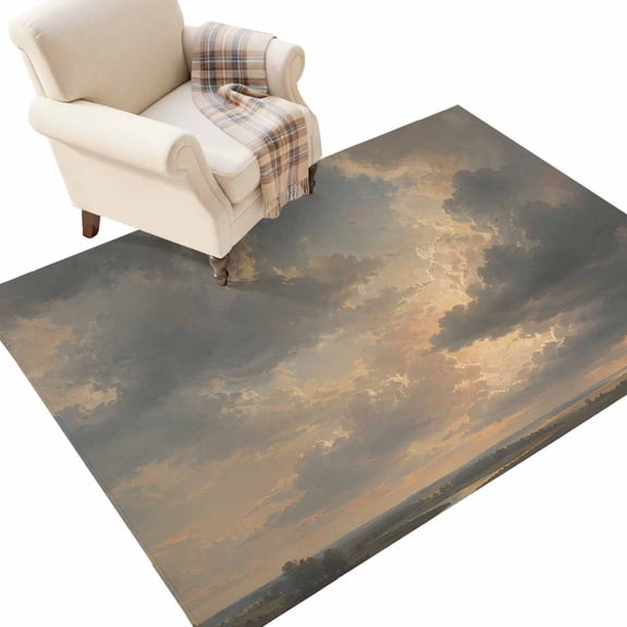 Cloudscape Washable Area Rug 2.7 x 5 ft Beige Clouds Morning Sunburst Modern Sky Dramatic Soft Non‑Slip Rugs Stain Repellent Indoor Mats for Kitchen Aisle, Foyer, Foot‑of‑Bed, Mudroom