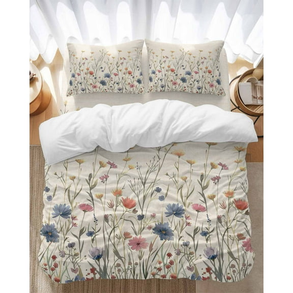 Floral Bedding Duvet Cover Set Queen Size 4 Pieces Watercolor Leaves Colorful Daisy Linen Background Bedding Set with Zipper Closure, 1 Comforter Cover 90x92 Inches 1 Flat Sheet & 2 Pillow Cases