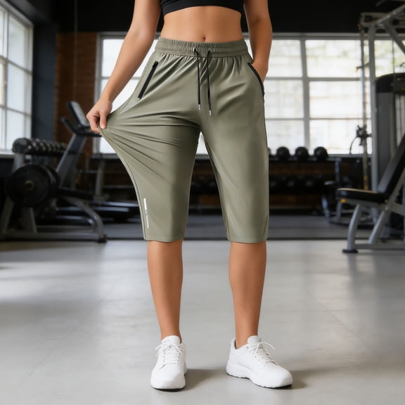 XIAONU Women's Quick Dry Athletic Capri Shorts Zipper-Pocket Workout Gym Knee-Length Pants
