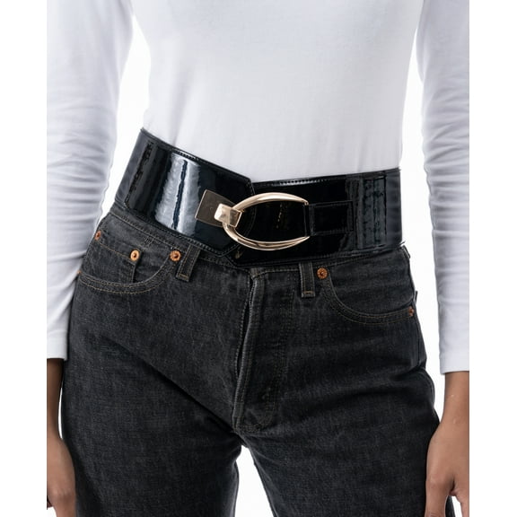 INC International Concepts Women’s Interlocking Hook Stretch Belt, Black, Medium/Large