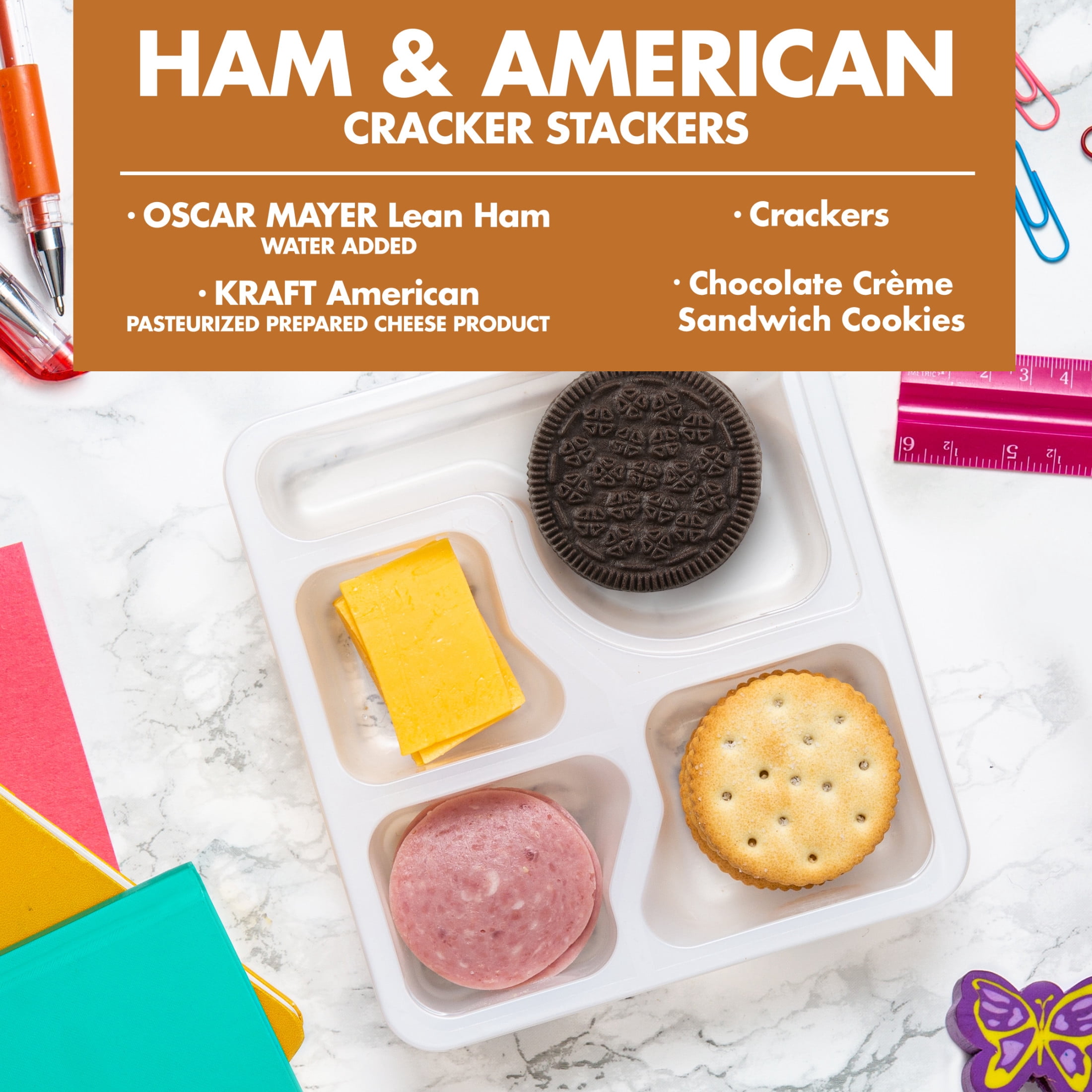 Lunchables Ham & American Cheese Cracker Stackers Kids Lunch Snack, 3.4 oz Tray