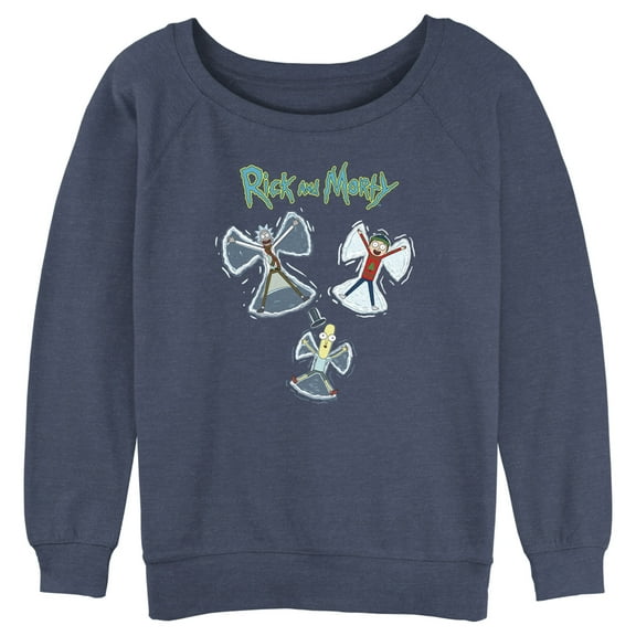 Junior's Rick and Morty Christmas Snow Angels  Sweatshirt Blue Heather Medium