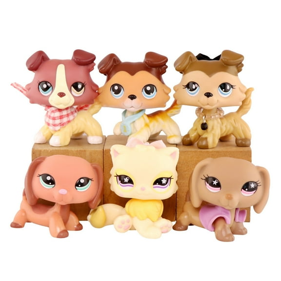 6PCS Mini Pet Toys,Collie Dachshund Persian Cat with Bow Necklace Jacket and more Accessories,Bobble Head Mini Figure Toys