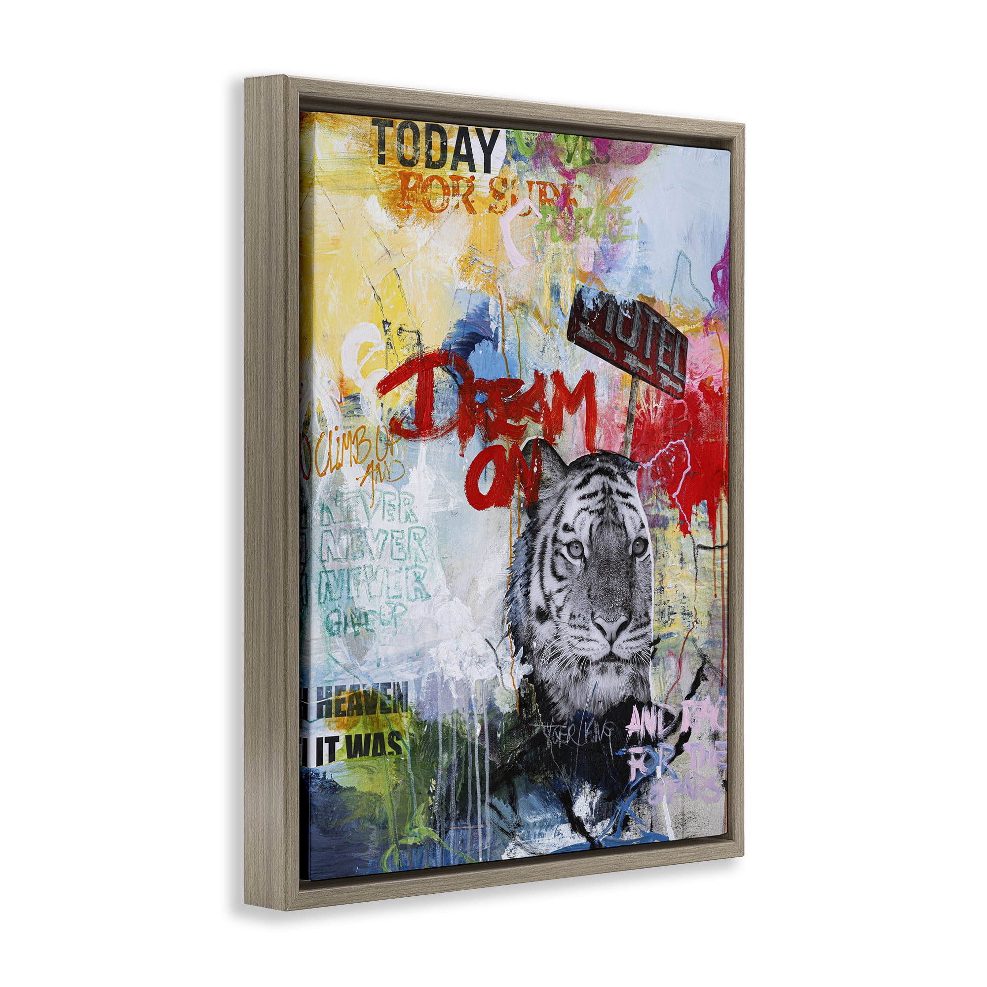 Stupell Industries Inspiring Graffiti & Tiger Abstract Painting Brown Floater Framed Canvas Art Print Wall Art, 17 x 21
