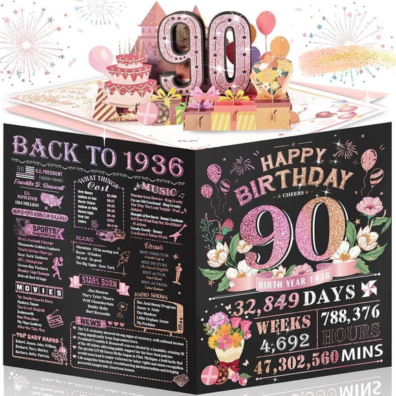 90th Birthday Card for Women Her, Large 3D Pop Up 90th Birthday cards for Mom Grandma, Happy 90 Year Old Birthday Decorations for Wife Sister Funny Birthday Gifts, Back to 1936, Pink