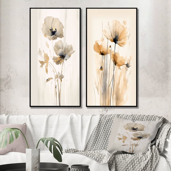 Designart "Vibrant Poppies in Cream Tones I" Floral Framed Wall Art Set Of 2 - Cream Floral Framed Canvas Set For Living Room Decor