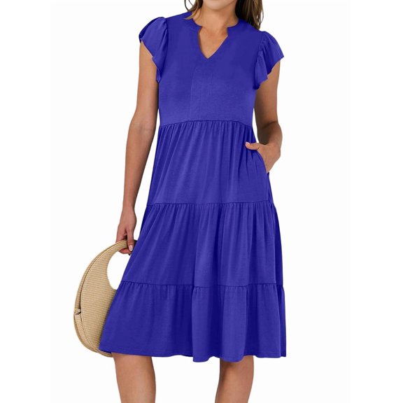 Womens Summer Dress Ruffle Sleeve V Neck Midi Dresses Tiered Boho Beach Sundress Blue M