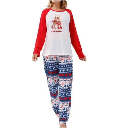 

Honeeladyy Parent-child Warm Christmas Set Printed Home Wear Pajamas Two-piece Mom Set Blue Clearance under 5$