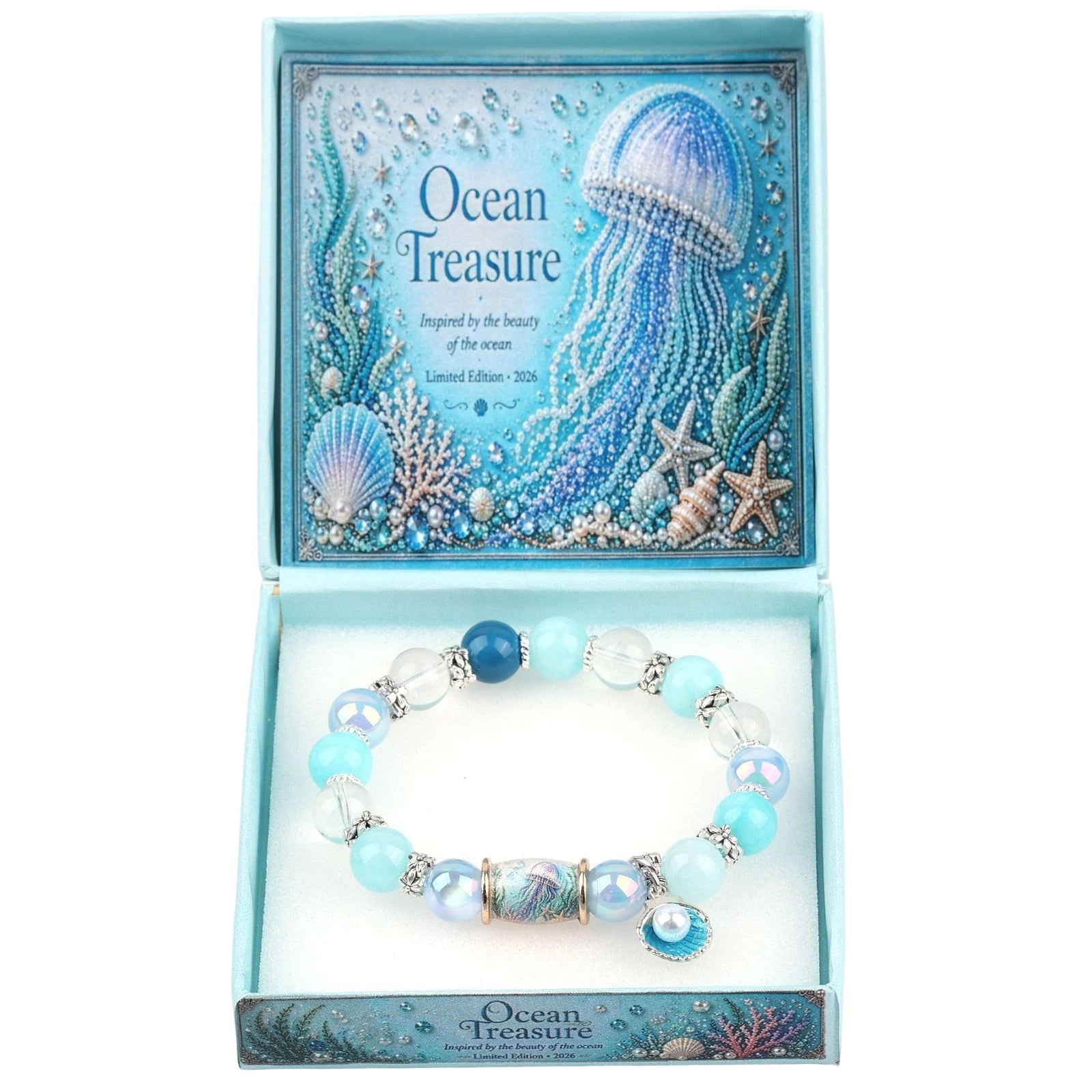 Ocean Guardians Keepsake Bracelet Collection, Ocean Animal Charm Beaded Bracelets for Women, Stretchy Blue Bead Charm Bracelet, Coastal Beach Jewelry Bracelet Set with Gift Box