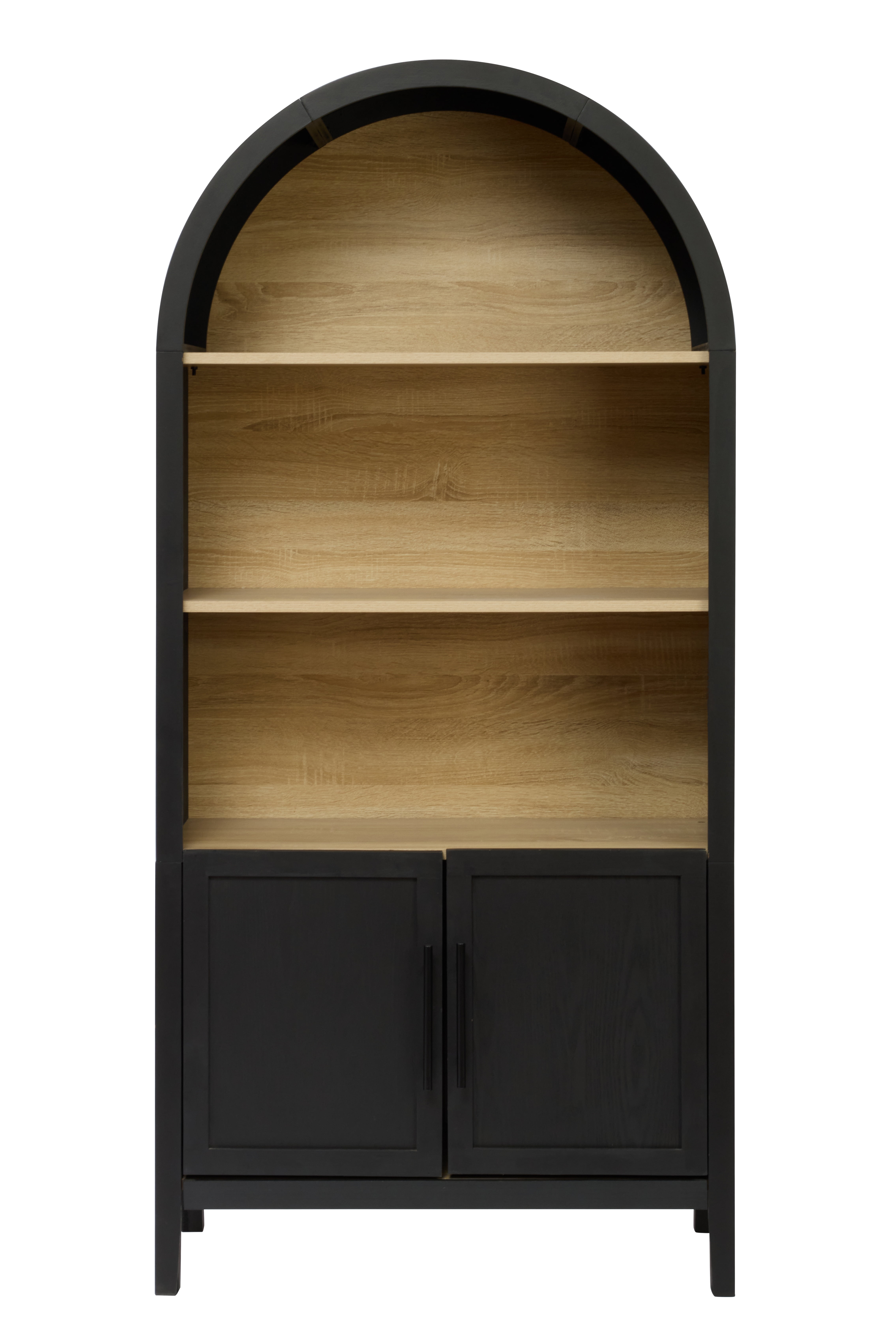 WARMMUSE 66.7" Tall Arched Bookshelf, Mid-Century Modern Bookcase Display Shelf with Cabinet and 3 Shelves, Black and Natural Wood