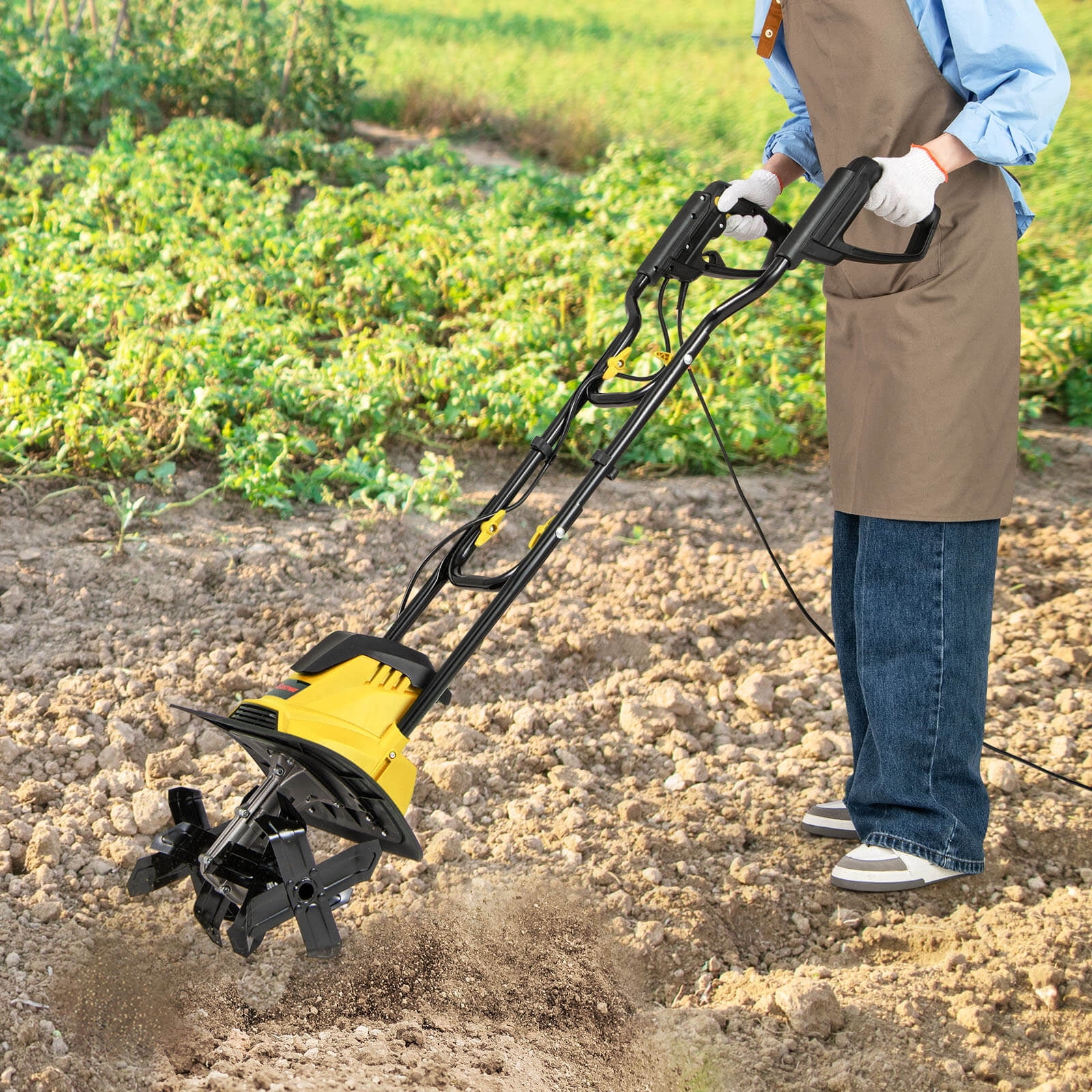 Costway Corded Electric Tiller Cultivator, 10 Amp Powerful Foldable Garden Rototiller Yellow