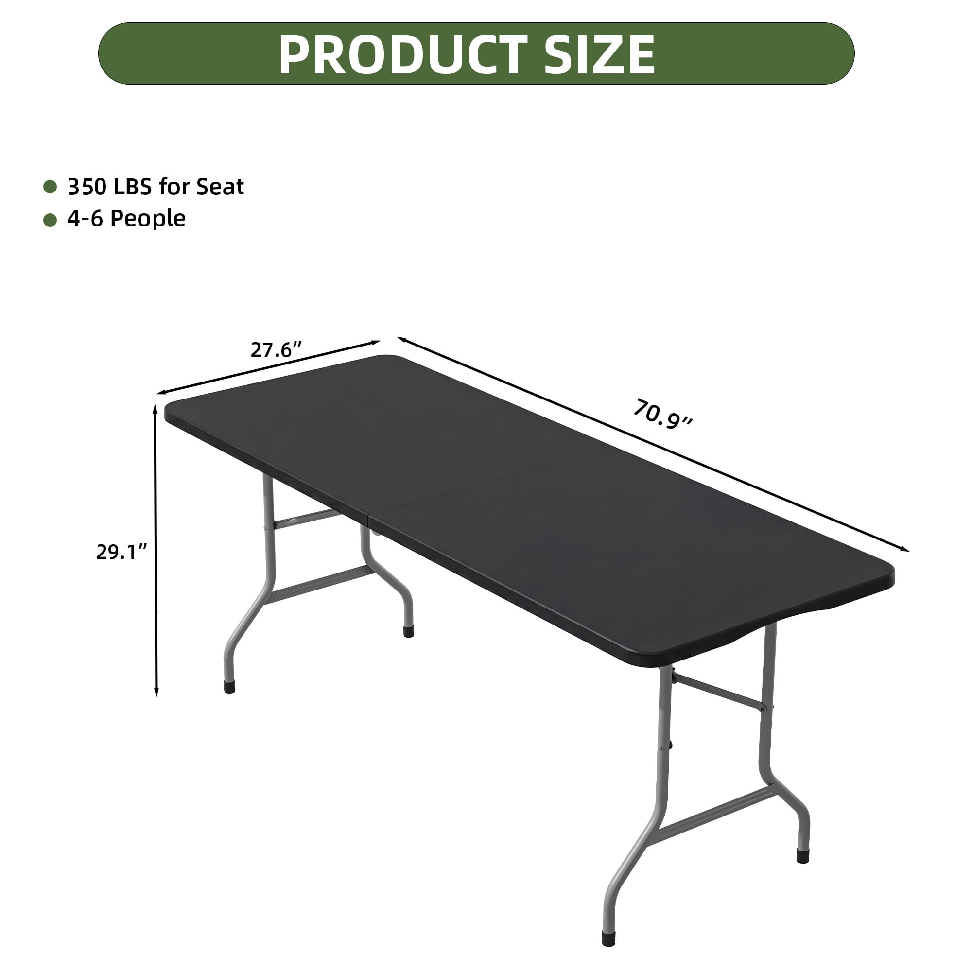 Uforic 6 Ft Folding Table, 1.38" Thick Sturdy Tabletop, Portable Foldable Design with Built-in Carry Handle, Perfect for Indoor Events, Camping, Picnics, Parties, Patio and Outdoor Gatherings, Black