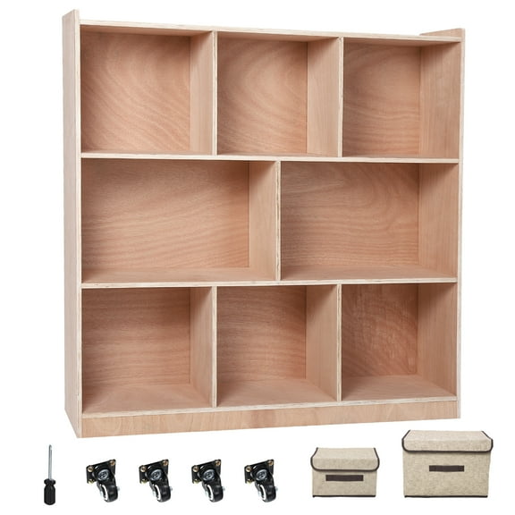 Yesfashion 8-Section Classroom Storage Locker, 8 Cubbies for Classrooms, Daycare Cubby with 4 casters, 2 Storage Boxes for Home