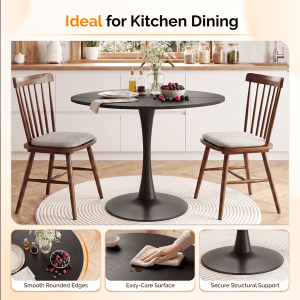 Round Tulip Dining Table, 39.4 Inch Dining Table for 4 People, Melamine Laminated MDF Tabletop with Metal Pedestal Base, Easy Assembly Kitchen Dinner Table for Dining Room, Home, Apartment, Black