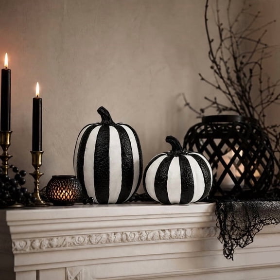 JHRGJIO 2 Pack Halloween Black White Stripe Pumpkin Resin Figurine Set, Spooky Tabletop Accent, Home Display for Party Shelf Mantel Halloween Decorations Indoor Outdoor