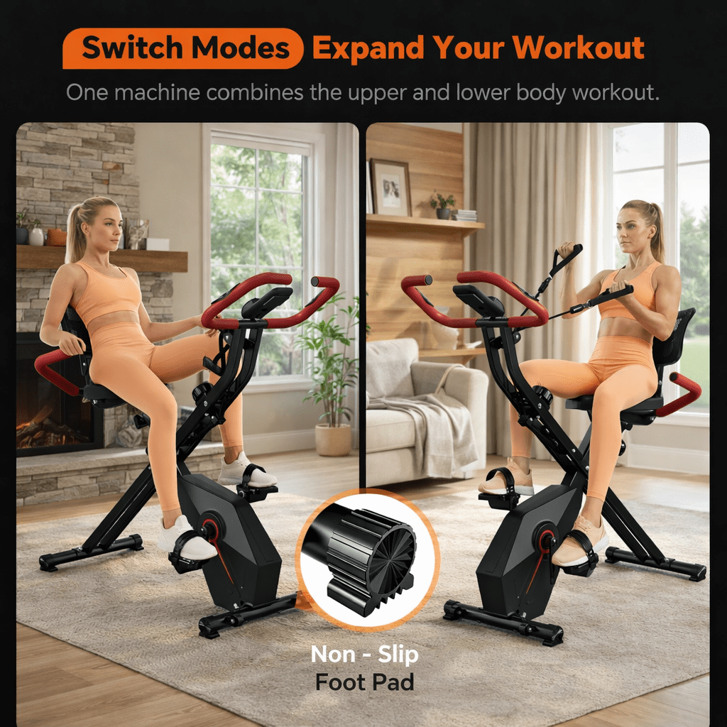 USLIM 5-in-1 Foldable Exercise Bike for Home Cardio Workouts with Backrest, 16-Level Magnetic Resistance, Resistance Bands, 300 lb Capacity