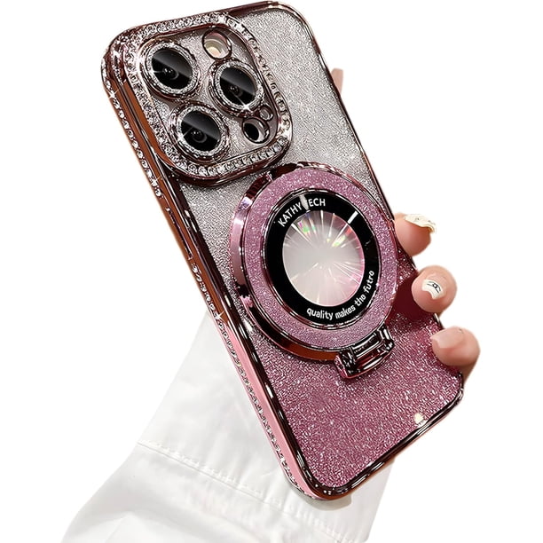 Funda para teléfono con purpurina brillante compatible con iPhone 15 Pro Max, protector de lente de cámara con soporte, funda suave con diamantes de imitación brillantes