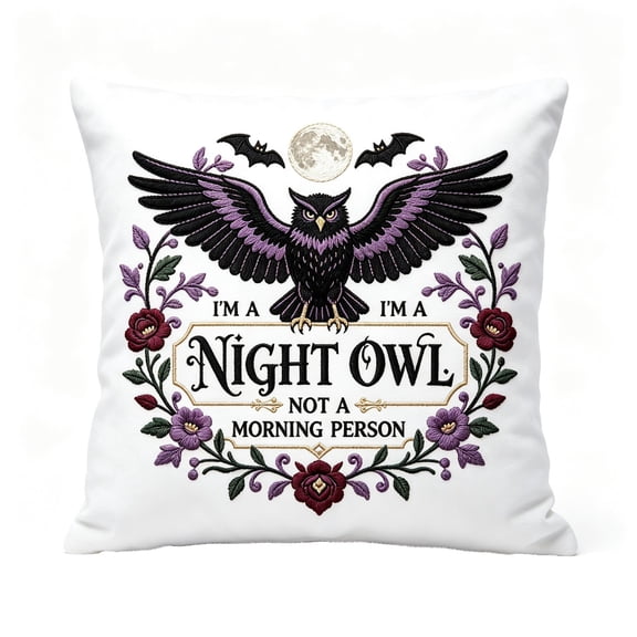 Night Owl Decor, Plush Throw Pillow Cover, Soft Short Plush with Rose Floral Embroidery, Funny Quote Cushion Case for Sofa Bed Living Room Bedroom, 18x18 Inch