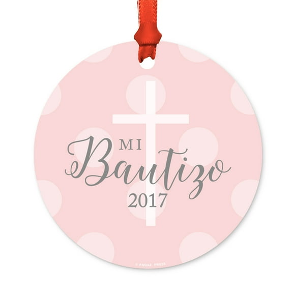 Round Metal Christmas Ornament, Mi Bautizo 2017, Boy, Includes Ribbon and Gift Bag, Present Gift Ideas
