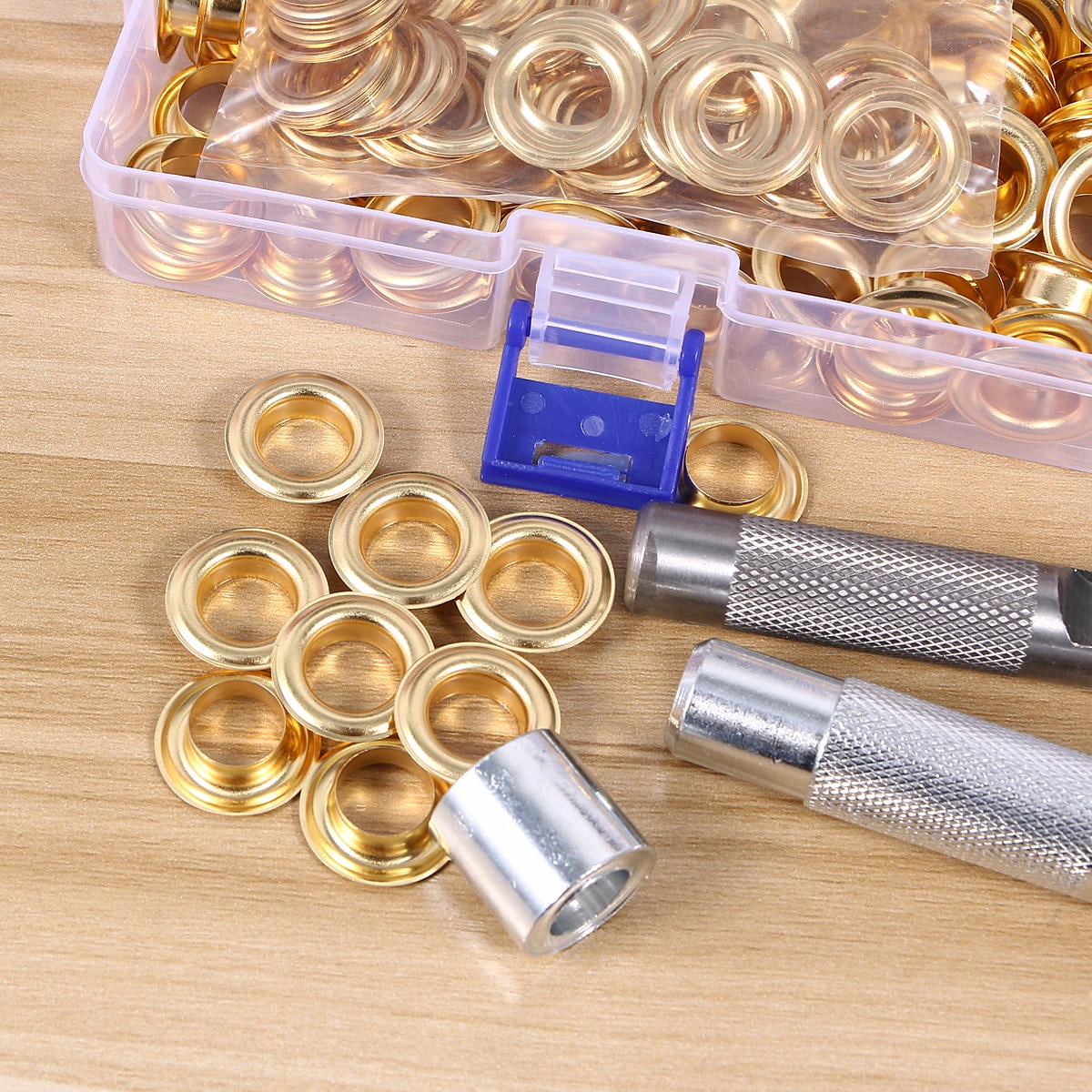 Amosfun 100-Piece Clothing Fastener Grommet Kit with 3 Tools, Storage Case, Golden Brass Material