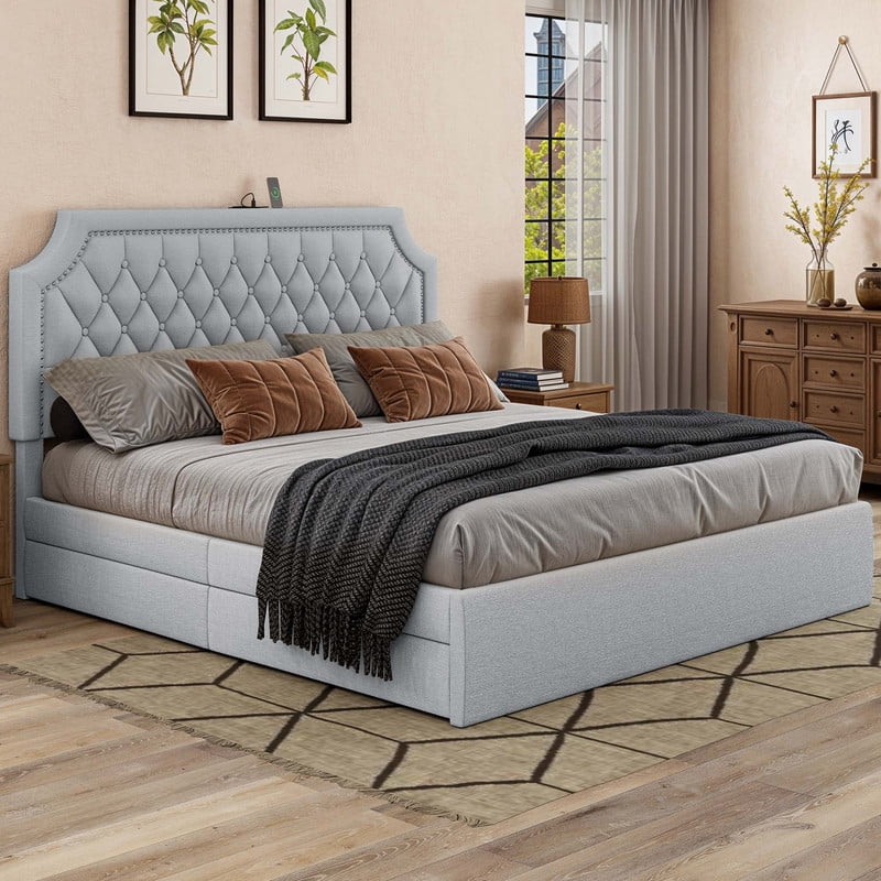 Uforic King Size Bed Frame, Upholstered Bed Frame with Storage Drawers & Adjustable Headboard, Beige