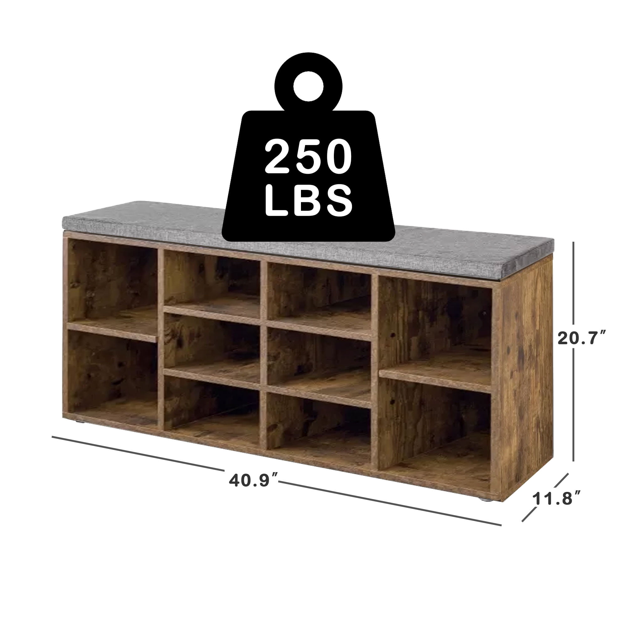 Shoe Bench Storage Bench with cushion, Entryway Bench with Storage, 10 Compartments Shoe Organizer with 3-Tier Shoe Rack, Adjustable Shelves Shoe Storage for Entryway Hallway Bedroom, Brown