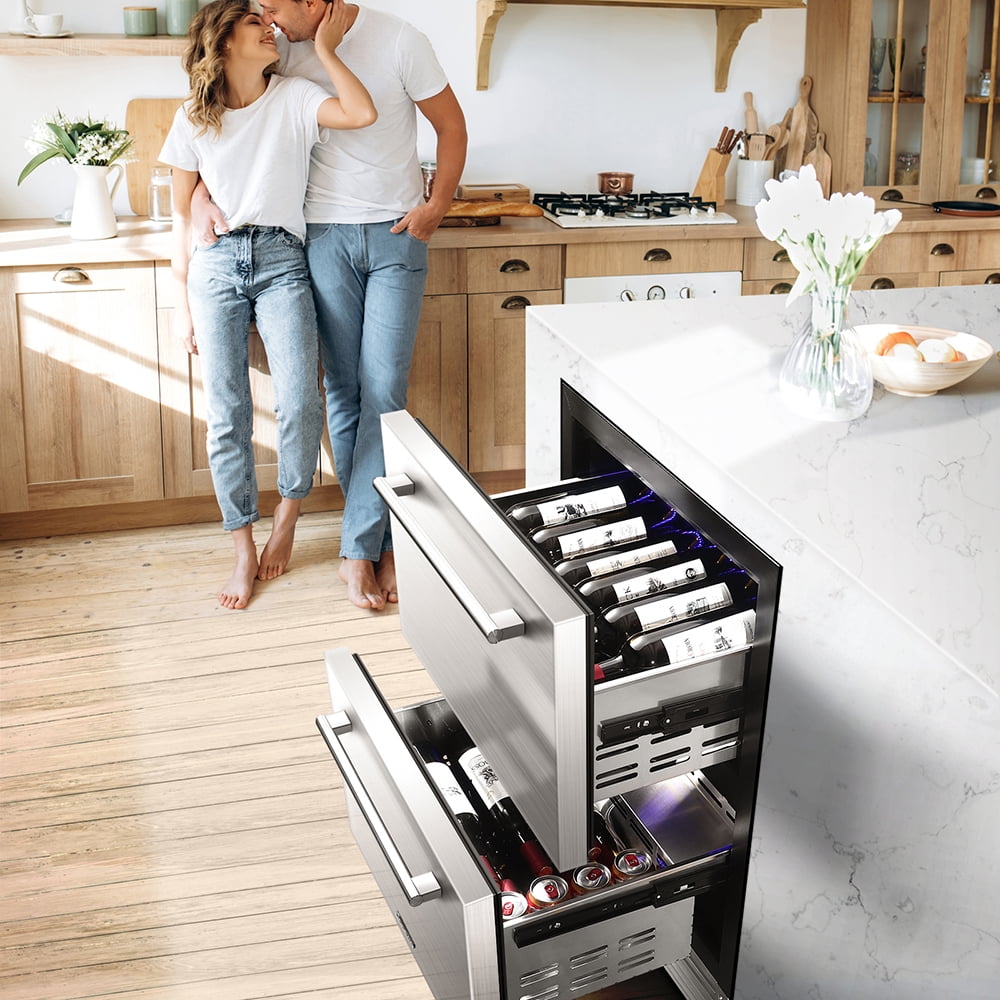 BODEGACOOLER 24in Double Drawer Beverage Refrigerator 149 Cans with Temperature Adjustment for Under Counter Built-in & Freestanding, Weather Proof Dual Zone Wine Cooler Fridge Indoor and Outdoor