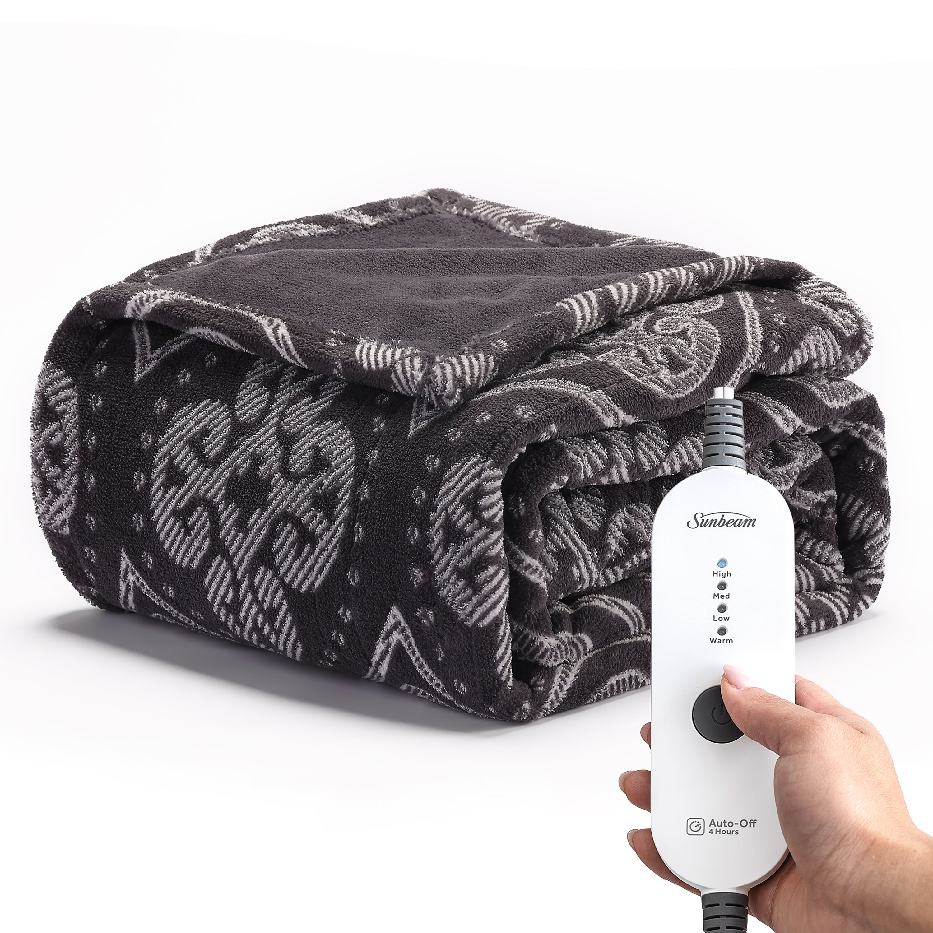 Sunbeam Folk Foliage Grey Foot Pocket Ultralush Heated Throw