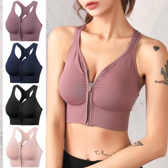 Sports Bras for Women No Underwire Plus Size Solid Color Underwire Front Zipper Back Gathered Purple 2XL