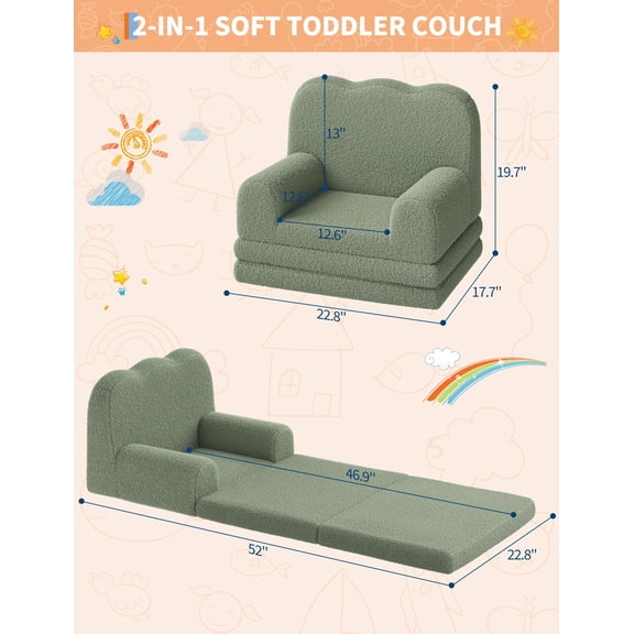 GOCAPTAIN Convertible Kids Couch, 2-in-1 Toddler Sofa Bed with Sherpa Fabric, Fold-Out Foam Lounger for Girls and Boys, Green