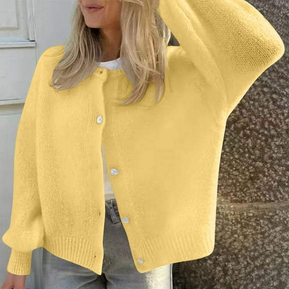 ClodeEU Cardigan Sweaters for Women, Long Sleeve Button Up Crewneck Crop Cardigan ,Sweater Cute Knitwear Clothes Yellow,Womens Plus L
